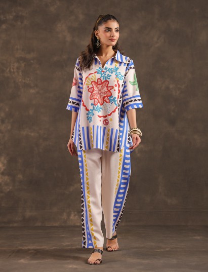 Beige silver linen printed women co ord pant