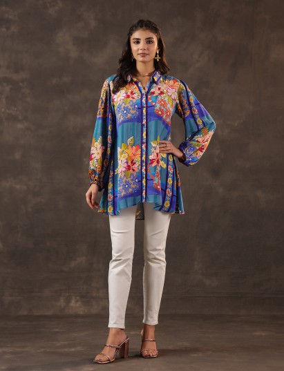 Blue viscose crepe printed casual short kurti