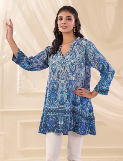 Blue viscose crepe printed casual short kurti for women