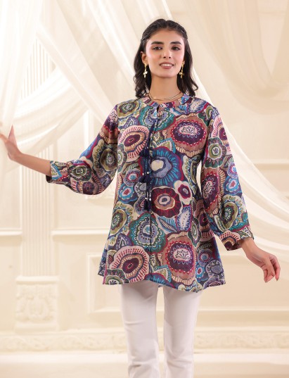 Purple linen silk printed casual stand collar short kurti