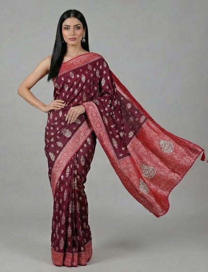 Wine dola silk zari stone festive saree