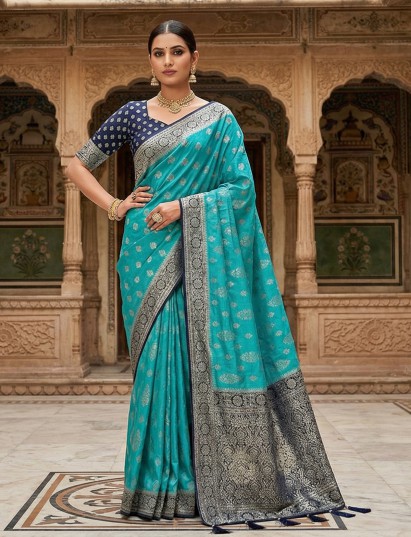 Aqua dola silk stone zari festive saree
