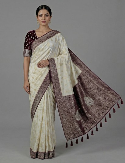 Cream dola silk zari stone elegant saree