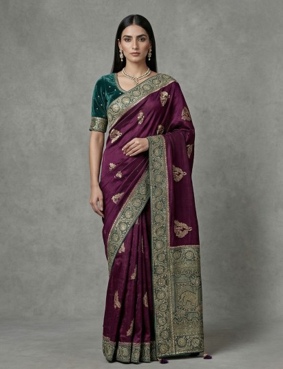 Dark wine dola silk embellished festive saree