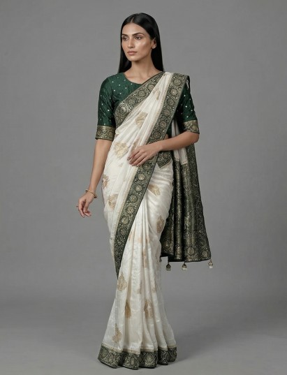 White dola silk heavy embellished festive wear saree