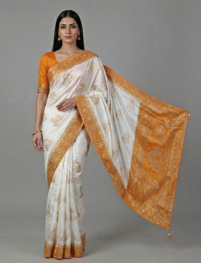 White dola silk saree with yellow border