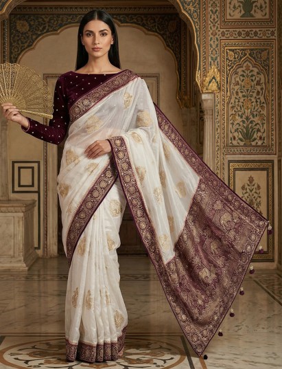 White dola silk saree contrast wine embellished border