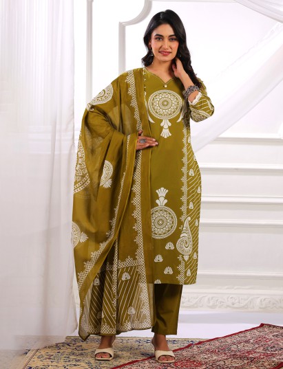 Mehendi green cotton silk printed kurti set for women