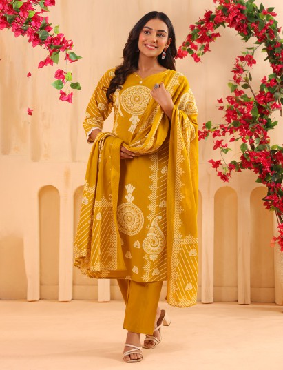 Yellow printed straight cut kurti set
