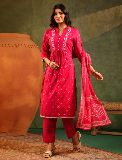Magenta silk festive wear printed kurti set