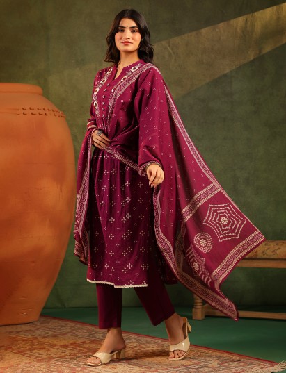 Maroon silk kurti set with printed dupatta for women festive wear