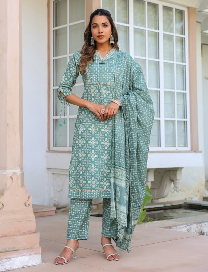 Dusty blue cotton straight cut printed kurti
