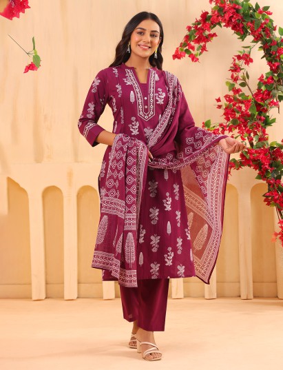 Wine printed cotton kurti set with printed dupatta