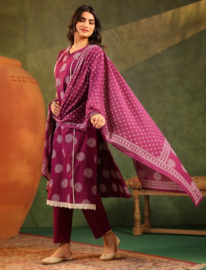 Wine printed festive wear cotton silk kurti