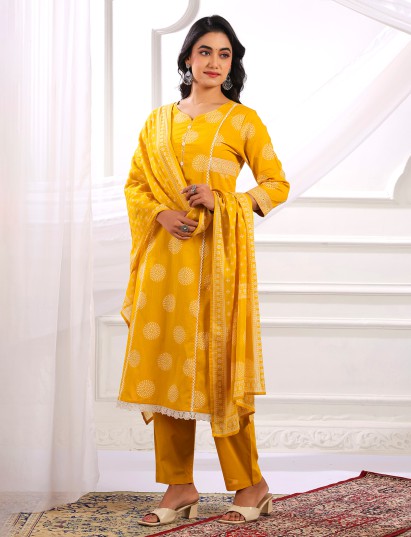Yellow printed straight cut cotton silk kurti set