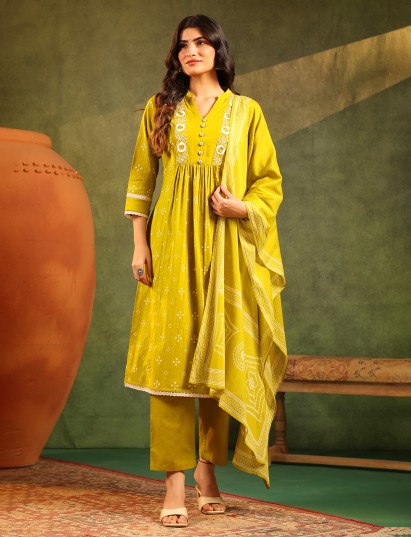 Mehendi yellow festive wear cotton silk kurti set