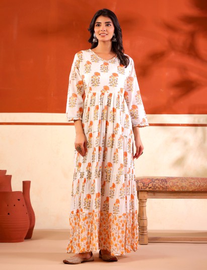 White floral printed floor length kurti