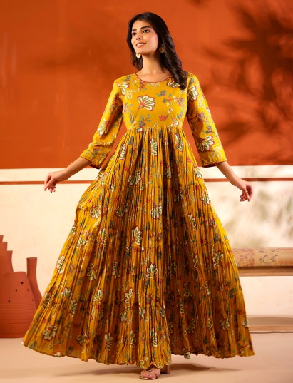 Mustard yellow cotton printed floor length kurti