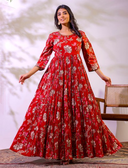 Red cotton floral printed floor length kurti
