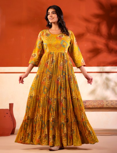 Yellow cotton floor length kurti with floral print