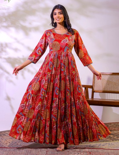 Red festive wear cotton floor length kurti