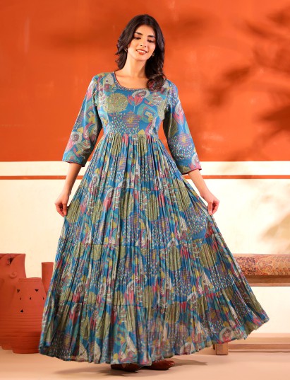 Blue festive wear cotton floor length kurti