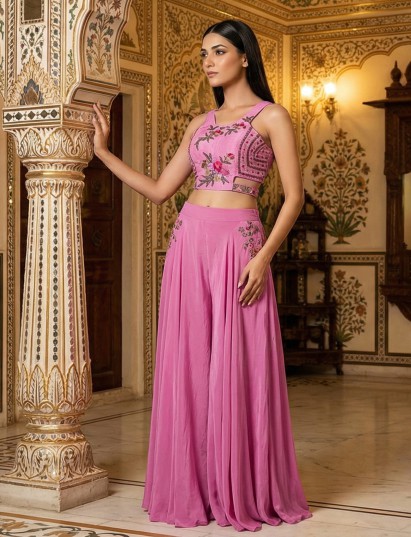Pink satin silk cutdana embellished palazzo suit