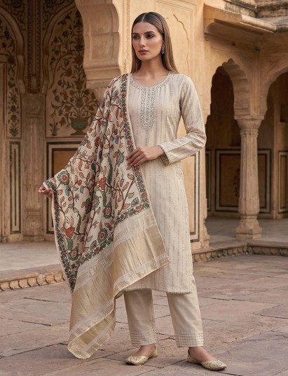 Beige silk heavy embellished festive salwar suit