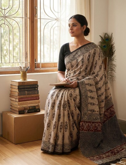 Beige soft muslin saree with printed detailing