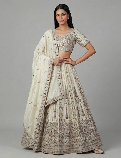 Beige silk lehenga choli with resham work elegance