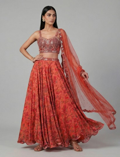 Deep peach crepe silk lehenga choli festive glamour
