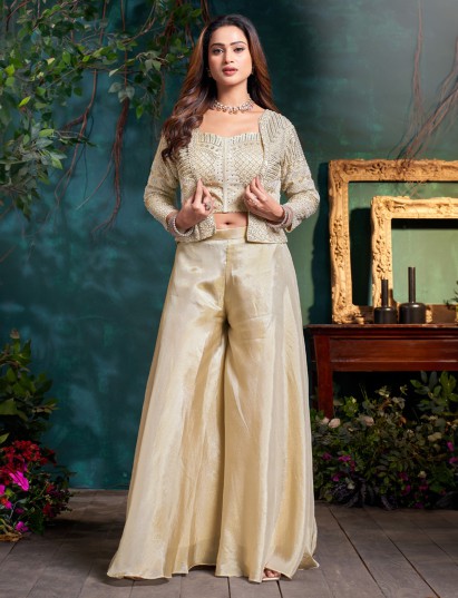 Cream silk designer jacket style palazzo suit