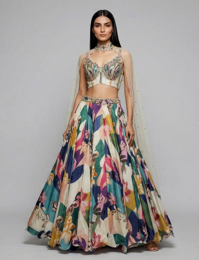 Multicolor crepe silk lehenga choli festive designer style