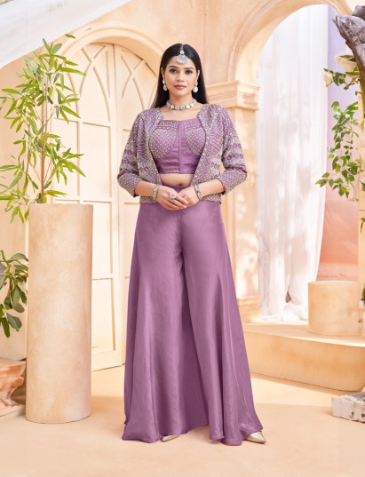 Purple silk designer jacket style palazzo suit for wedding wear