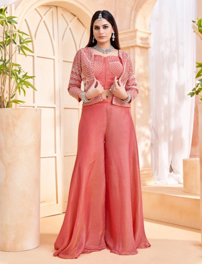 Peach silk designer jacket style palazzo suit for festive