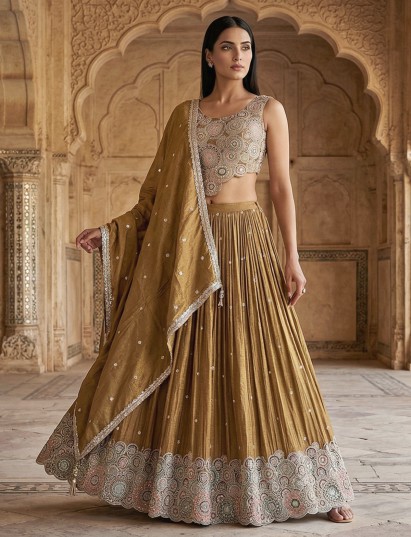 Pastel beige silk lehenga choli subtle festive charm