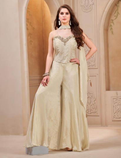 Cream silk embellished sweetheart neckline palazzo suit