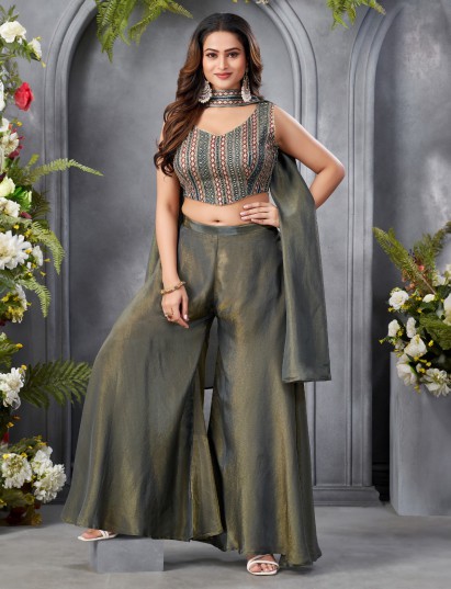 Pastel grey silk embroidered palazzo suit with dupatta
