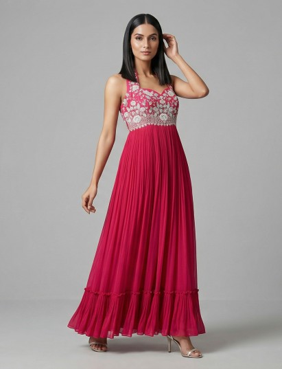 Rani pink georgette designer suit with belt