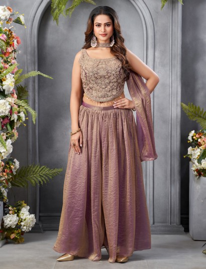 Pastel purple chinon silk designer palazzo suit