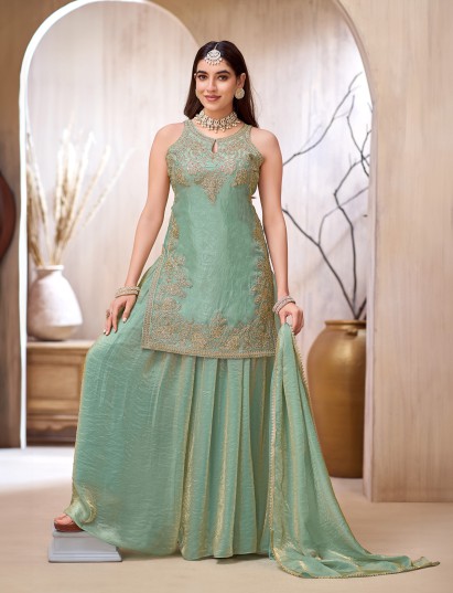 Mint green chinon silk punjabi style palazzo suit