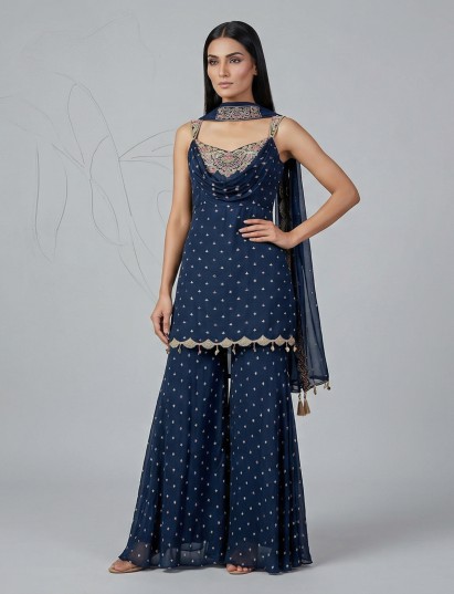 Navy blue georgette silk designer sharara suit