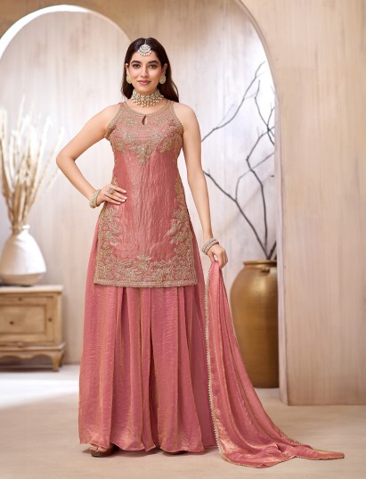 Onion pink chinon silk punjabi style festive palazzo suit
