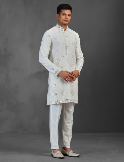 White silk kurta suit for weddings with mirror detailing