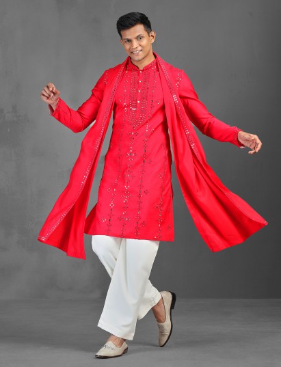 Red art silk kurta suit with dupatta for wedding celebrations