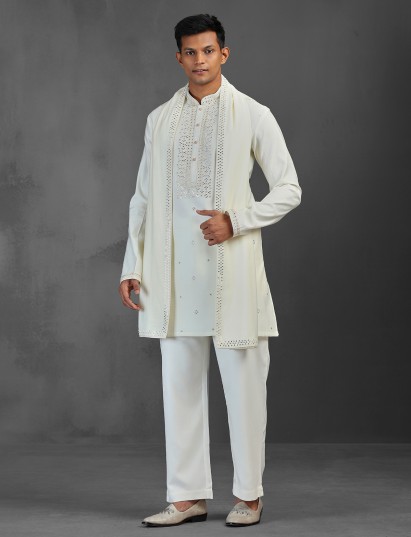 Cream art silk kurta suit with dupatta for reception wear