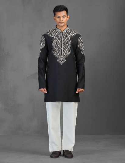 Black art silk kurta suit designed for a charming wedding look