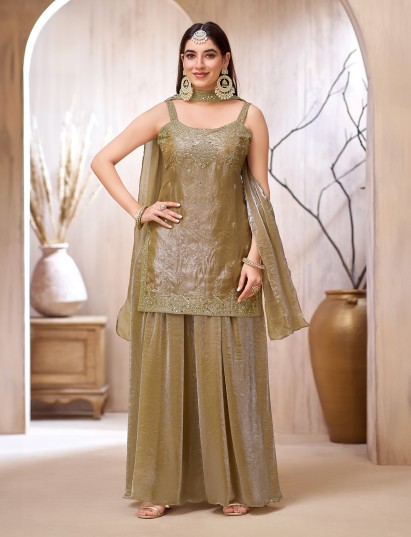 Dark beige chinon silk punjabi style palazzo suit for festive