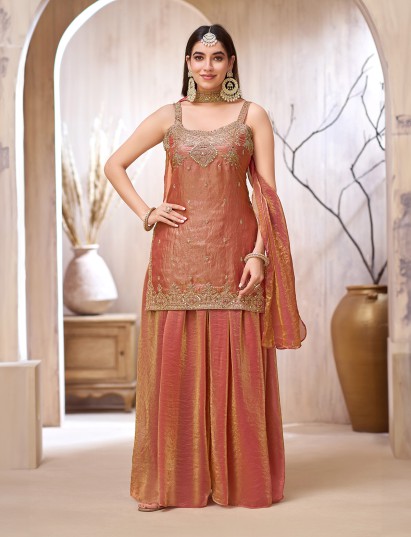 Peach chinon silk punjabi style palazzo suit for wedding wear