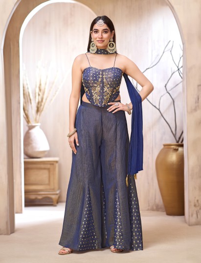 Blue chiffon heavily embellished designer palazzo suit